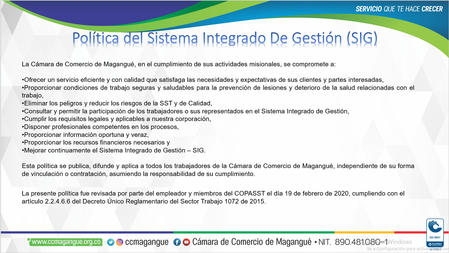 Cámara De Comercio De Magangué Política Del Sistema Integrado De